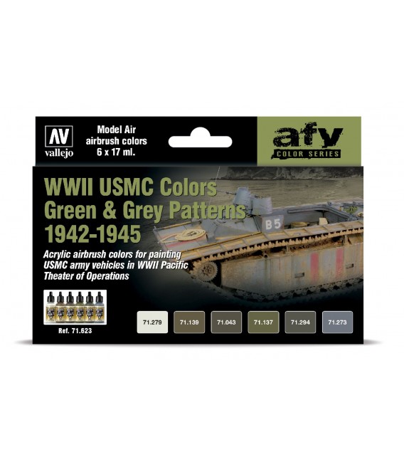 Set Vallejo Model Air 6 u. (17 ml.) WWII USMC Colors Green & Grey Patterns 1942-1945