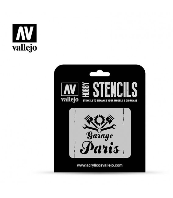ST-LET001 Rotulo de Garaje Vintage 1/35  Vallejo Hobby Stencils 125 X 125 mm.