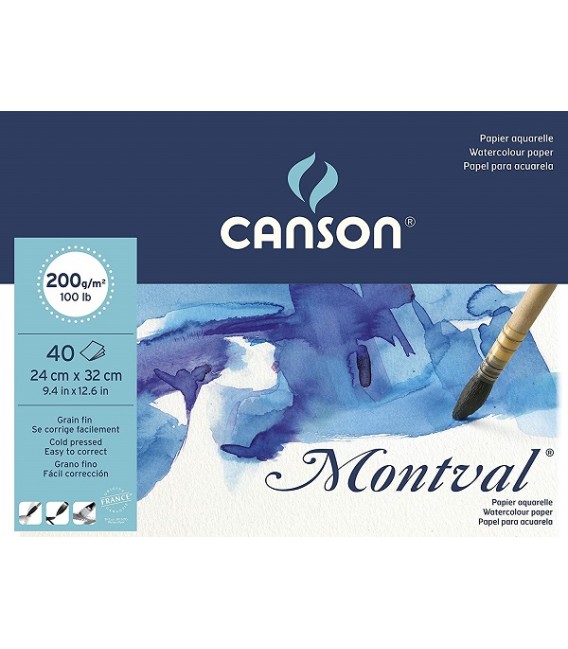 Bloc Papel Acuarela Montval 40h 200gr Grano Fino 24x32 cm.