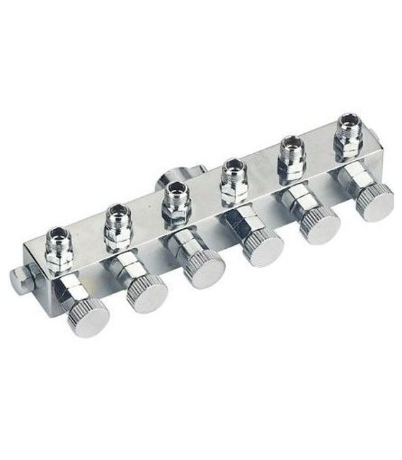 Racord aerografia sis sortidas 1/4"f a 1/8"m.